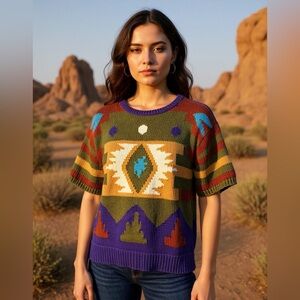 Vintage 90s Colter Bay Southwestern Knit Sweater Geometric Aztec P/S 1990